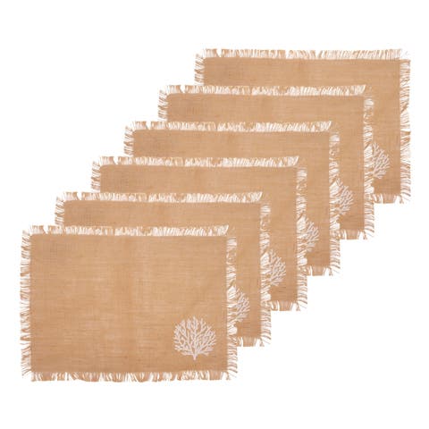 Natural Beige 100% Burlap Fringed Set of 6 Placemats 14" x 20"