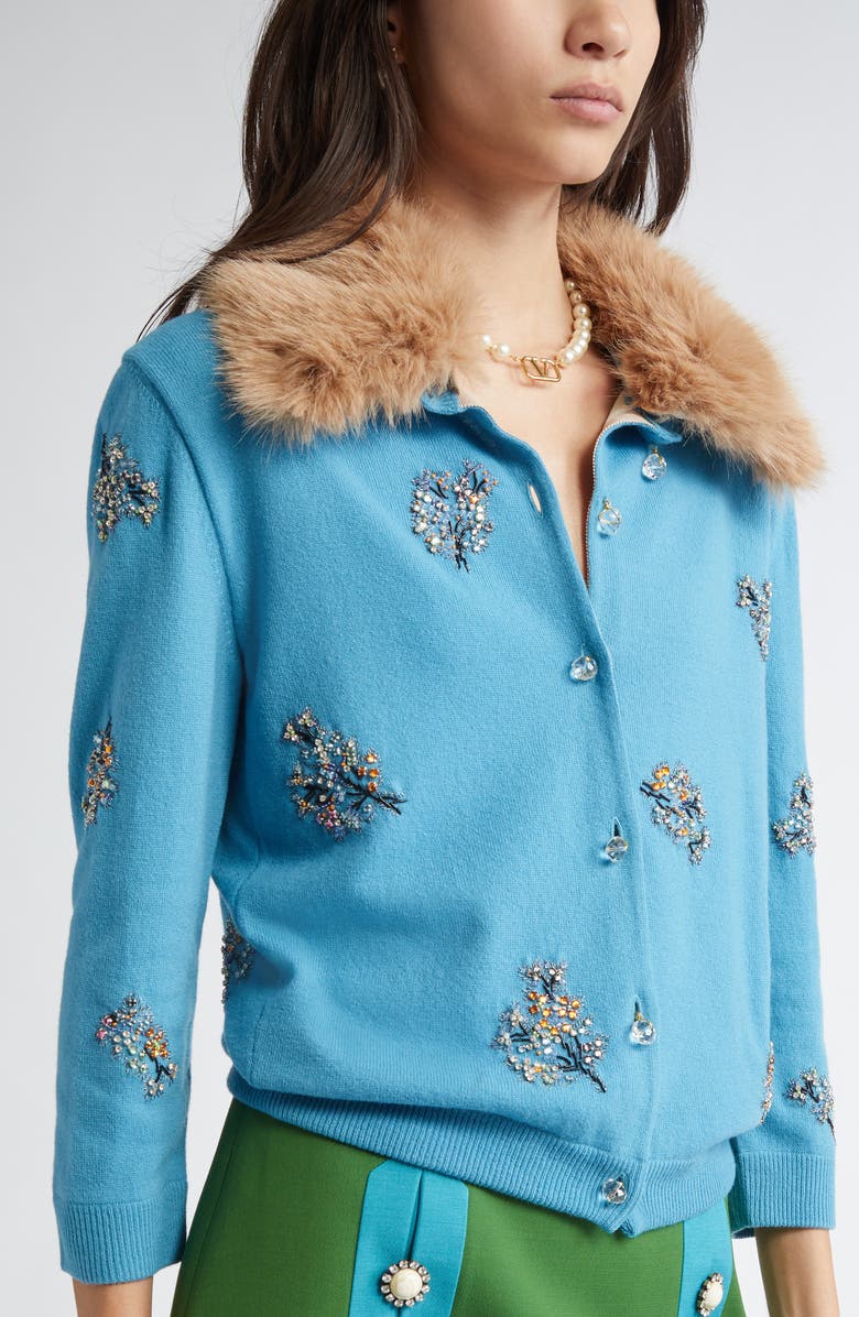 Valentino Garavani Embroidered Wool Cardigan with Removable Faux Fur Collar, Alternate, color, Blue