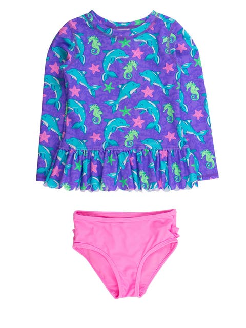 Girls UPF50+ Sun Protected Scallop Hem Long Sleeve Rash Guard Bikini