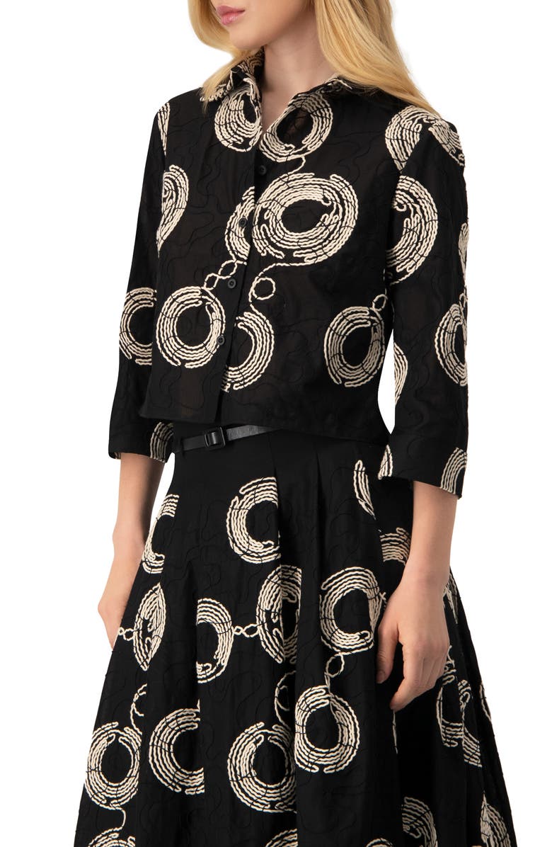 IVONNE Black Cropped Shirt with Circular Embroidery, Alternate, color, 