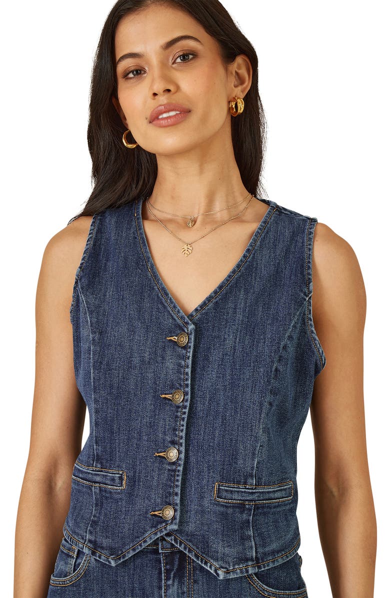Yumi Button Up Denim Stretch Waistcoat, Alternate, color, Blue