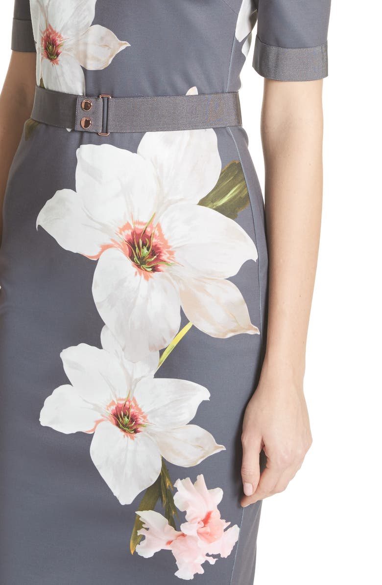 Ted Baker London Floral Print Belted Body-Con Dress, Alternate, color,