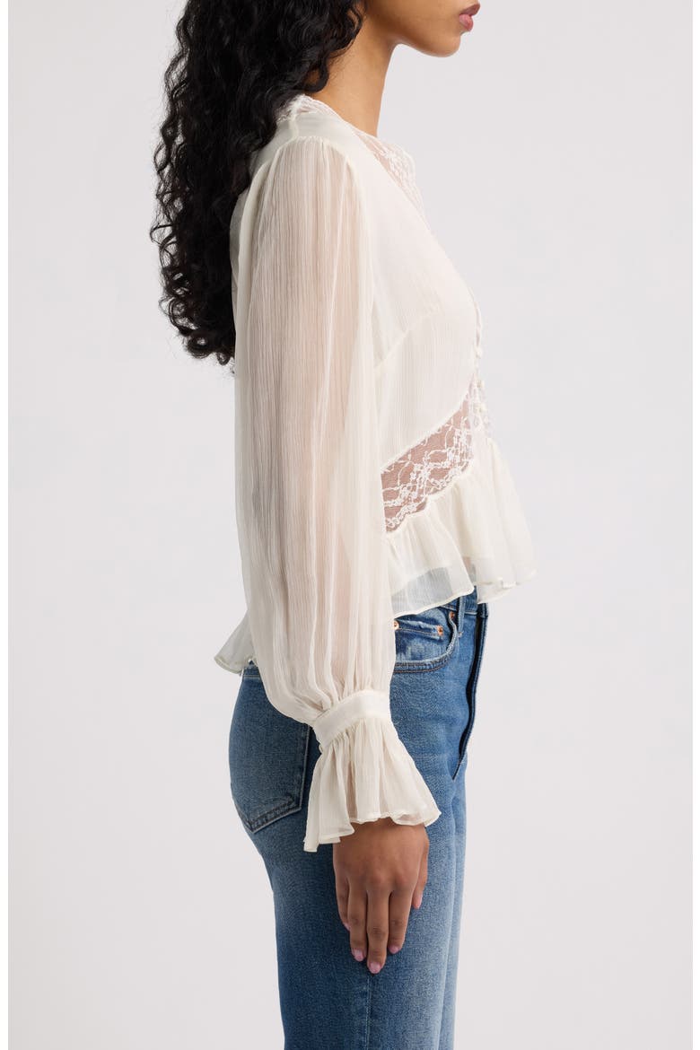 Thessira Lace Trim Ruffle Silk Top, Alternate, color, PALE STONE