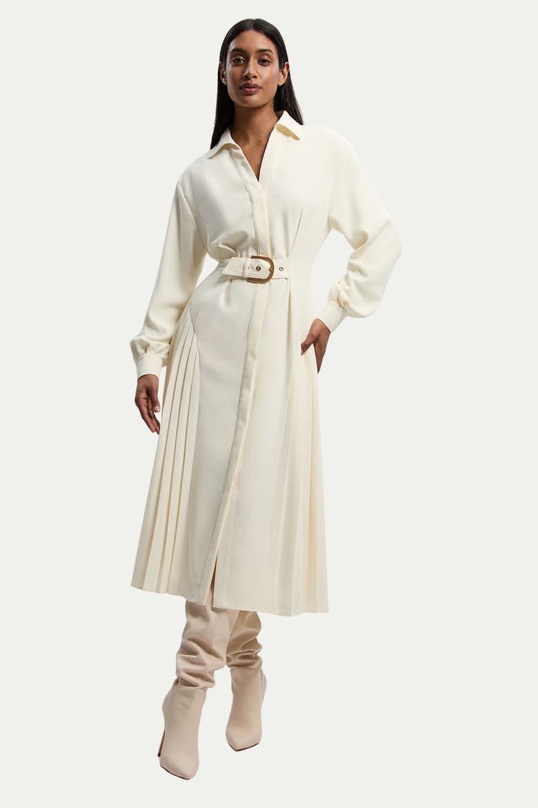Tailored Crepe Belted Pleated Midi Dress, Main, color, Ivory