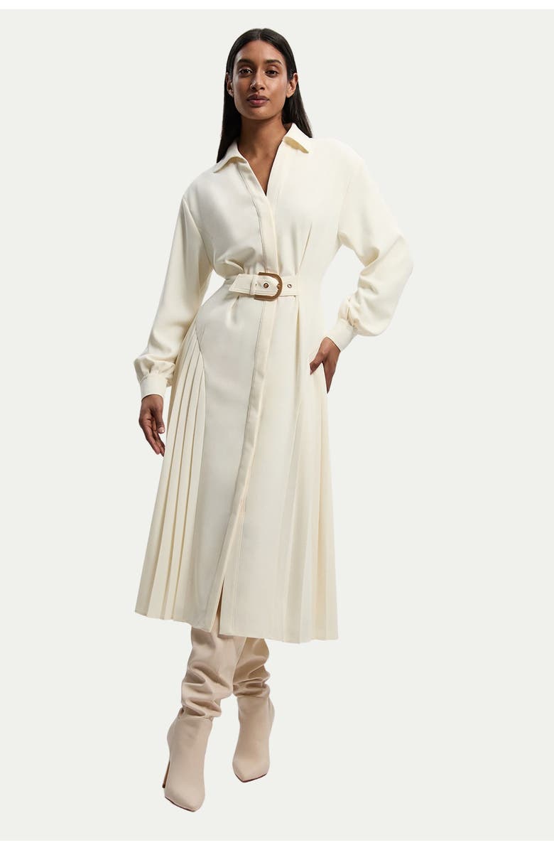 Karen Millen Tailored Crepe Belted Pleated Midi Dress, Main, color, Ivory