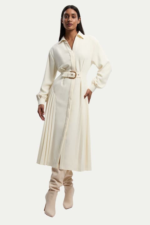 Tailored Crepe Belted Pleated Midi Dress