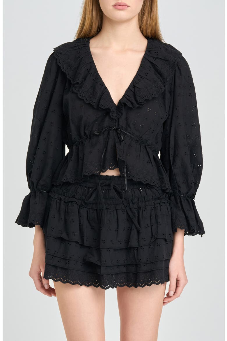 Sophia Eyelet Lace Trim Babydoll Crop Top, Main, color, BLACK