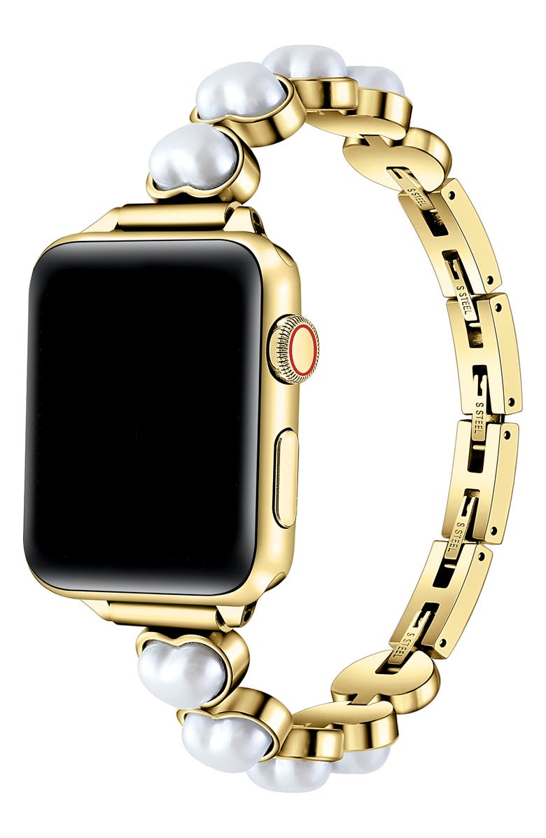The Posh Tech Grace Faux Pearl Heart Apple Watch<sup>®</sup> Watchband, Alternate, color, Silver/Gold