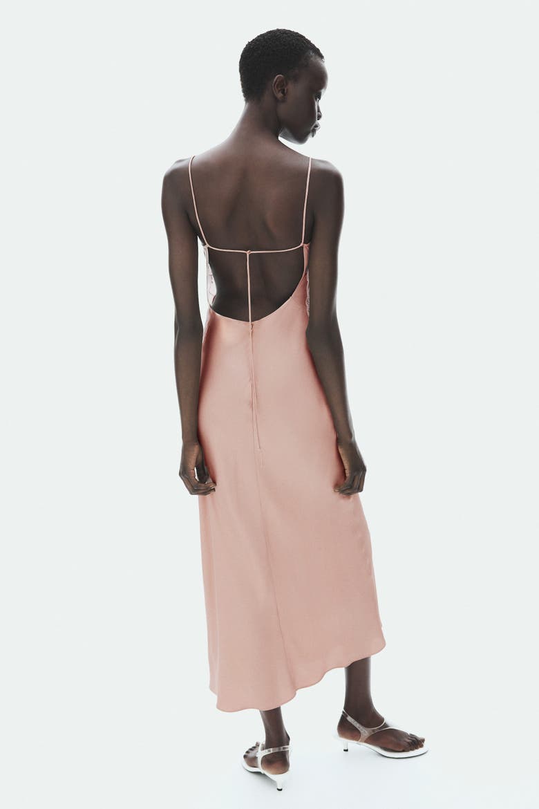 Lace-detail Satin Dress With Scarf, Alternate, color, Dusty beige/white
