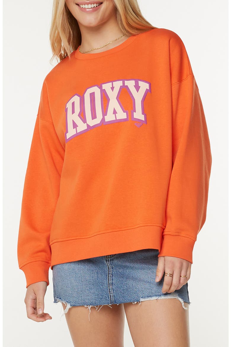 Morning Hike Oversize Fleece Logo Graphic Sweatshirt, Main, color, TIGERLILY ROXY COLLEGE