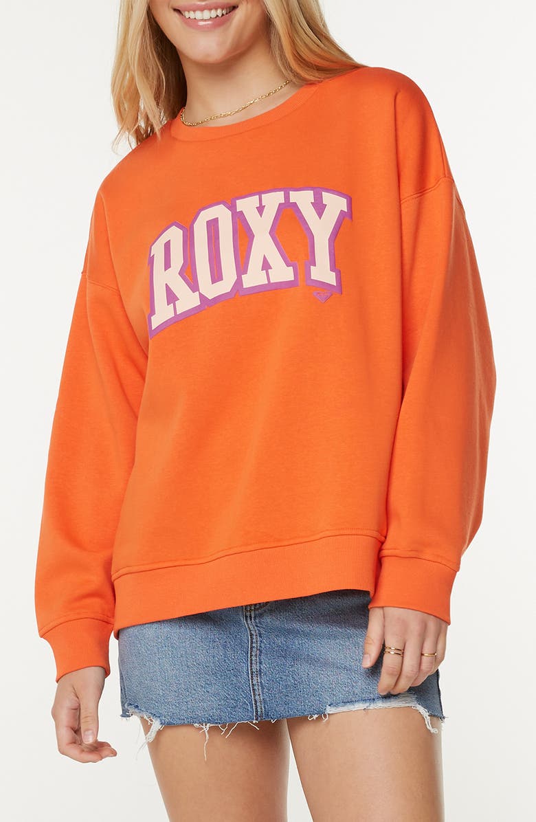 Roxy Morning Hike Oversize Fleece Logo Graphic Sweatshirt, Main, color, Tigerlily Roxy College