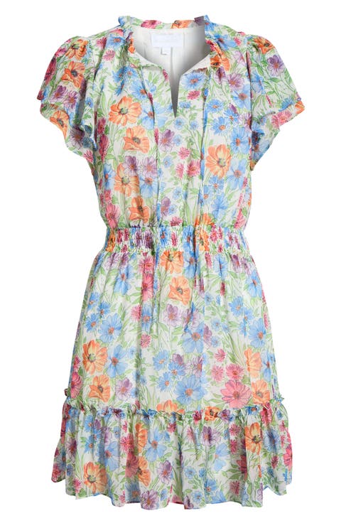 Ezia Garden Floral Print Ruffle Minidress
