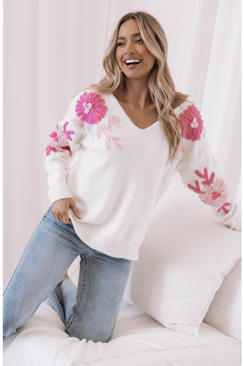 Celeste Flower Embroidered V-Neck Sweater, Alternate, color, CREAM/ PINK