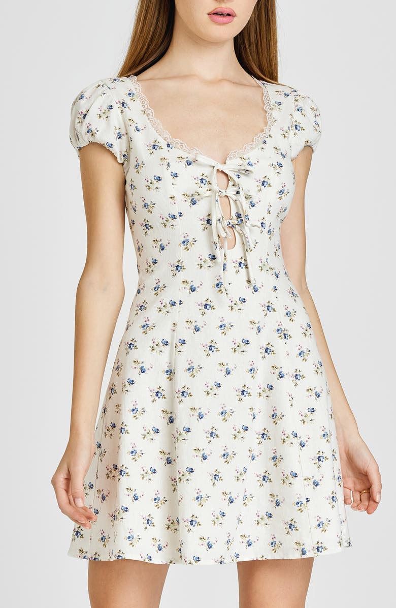 WAYF Cara Floral Linen Blend Minidress, Alternate, color, Ivory Ditsy