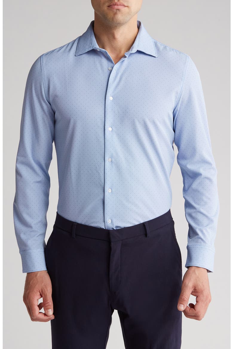 Geo Print Non-Iron Tech Button-Up Shirt, Main, color, WHITE/ LIGHT BLUE GEO