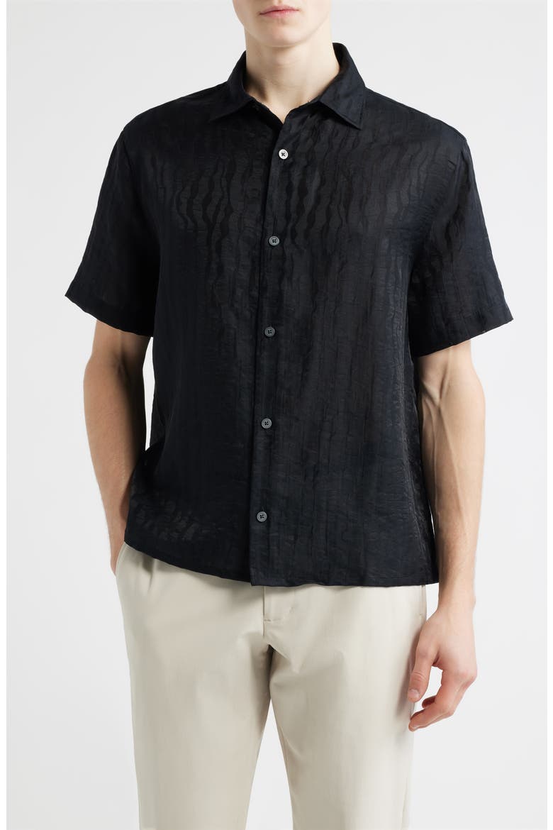 Wavy Stripe Short Sleeve Button-Up Shirt, Main, color, BLACK