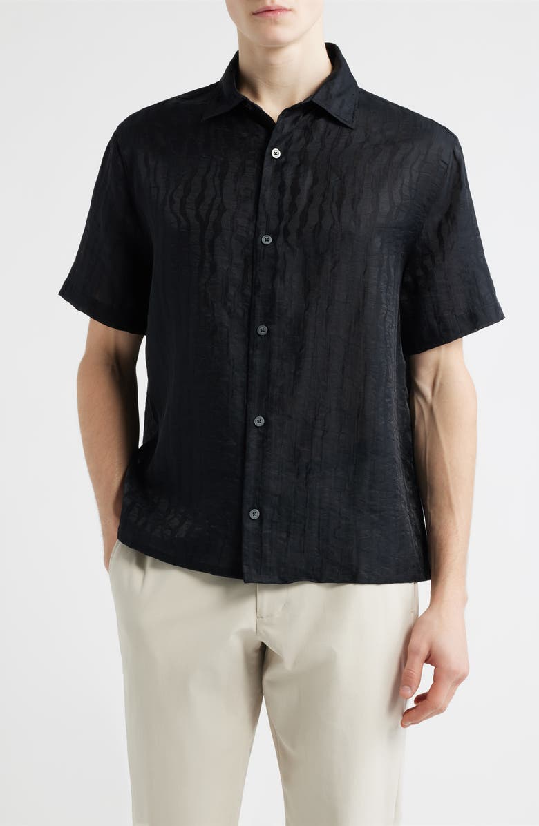 Open Edit Wavy Stripe Short Sleeve Button-Up Shirt, Main, color, Black