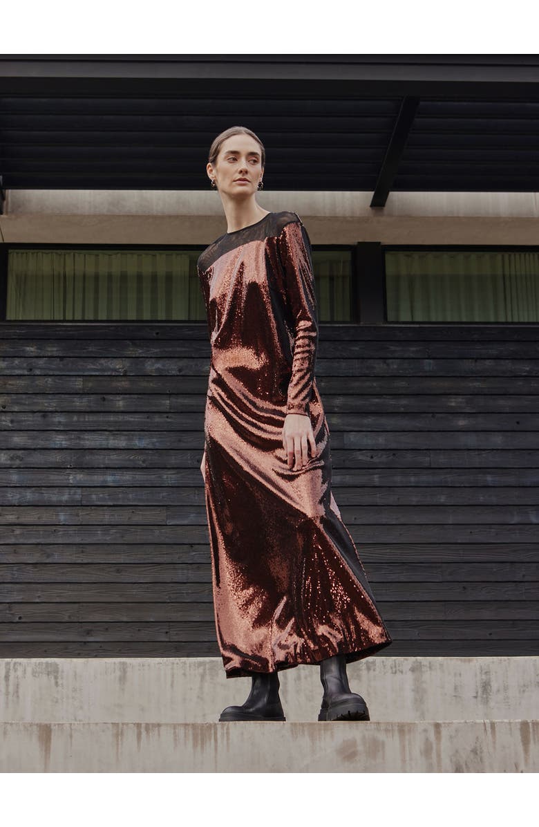 Misook Modern Fit Sheer Shoulder Sequin A-Line Maxi Dress, Alternate, color, Mahogany