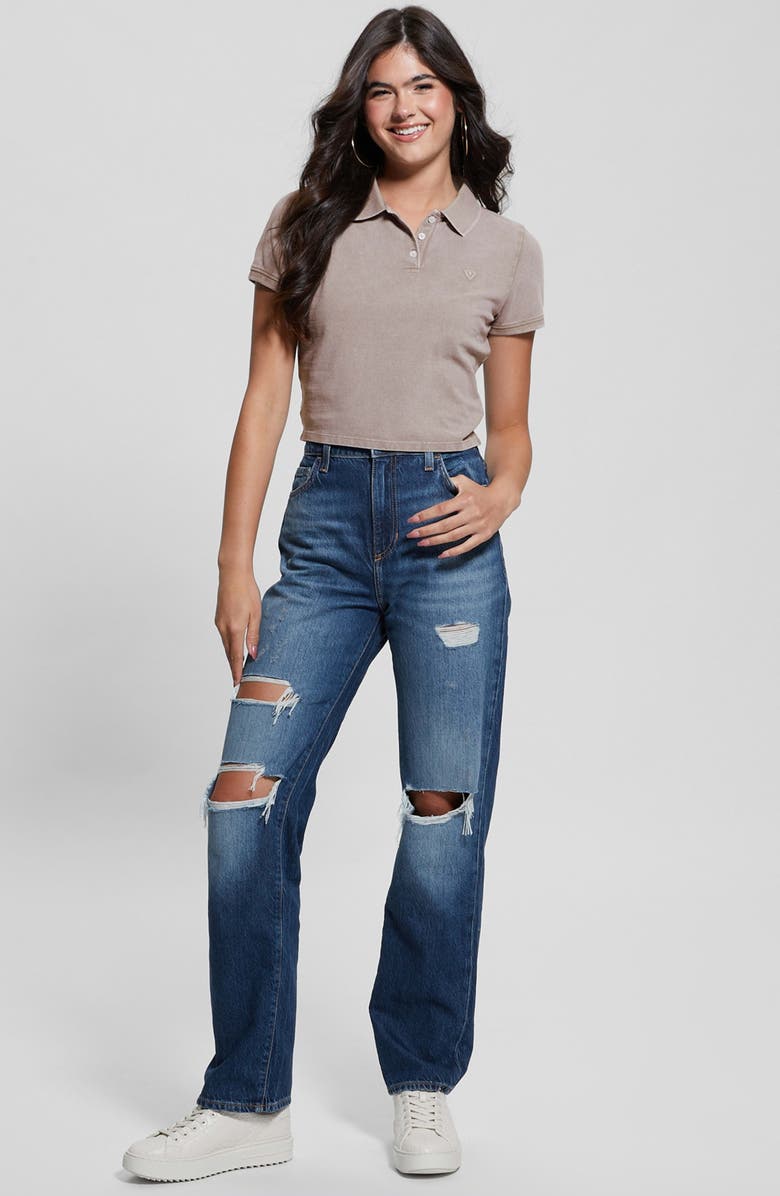 GUESS Logo Embroidered Crop Piqué Polo, Alternate, color, 