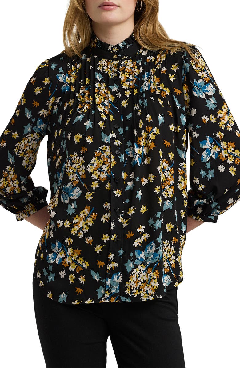 Lauren Ralph Lauren Floral Pintuck Button-Up Shirt, Main, color, Black Multi