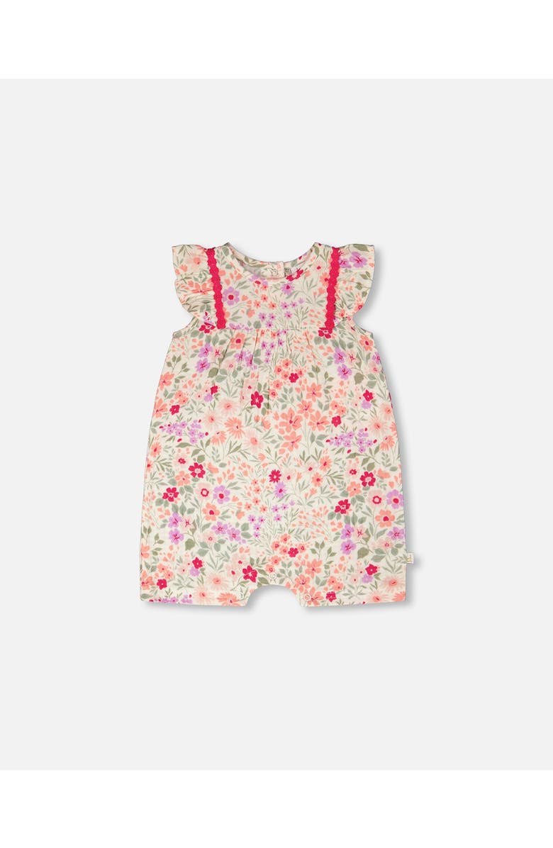 Deux par Deux Sleeveless Flutter Ruffles Printed Flowers Romper, Main, color, Off White Printed Flowers