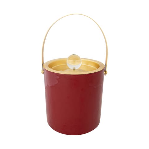 1.5-Quart Enameled Stainless Steel Ice Bucket with Glass Knob Handle, Red and Gold Finish