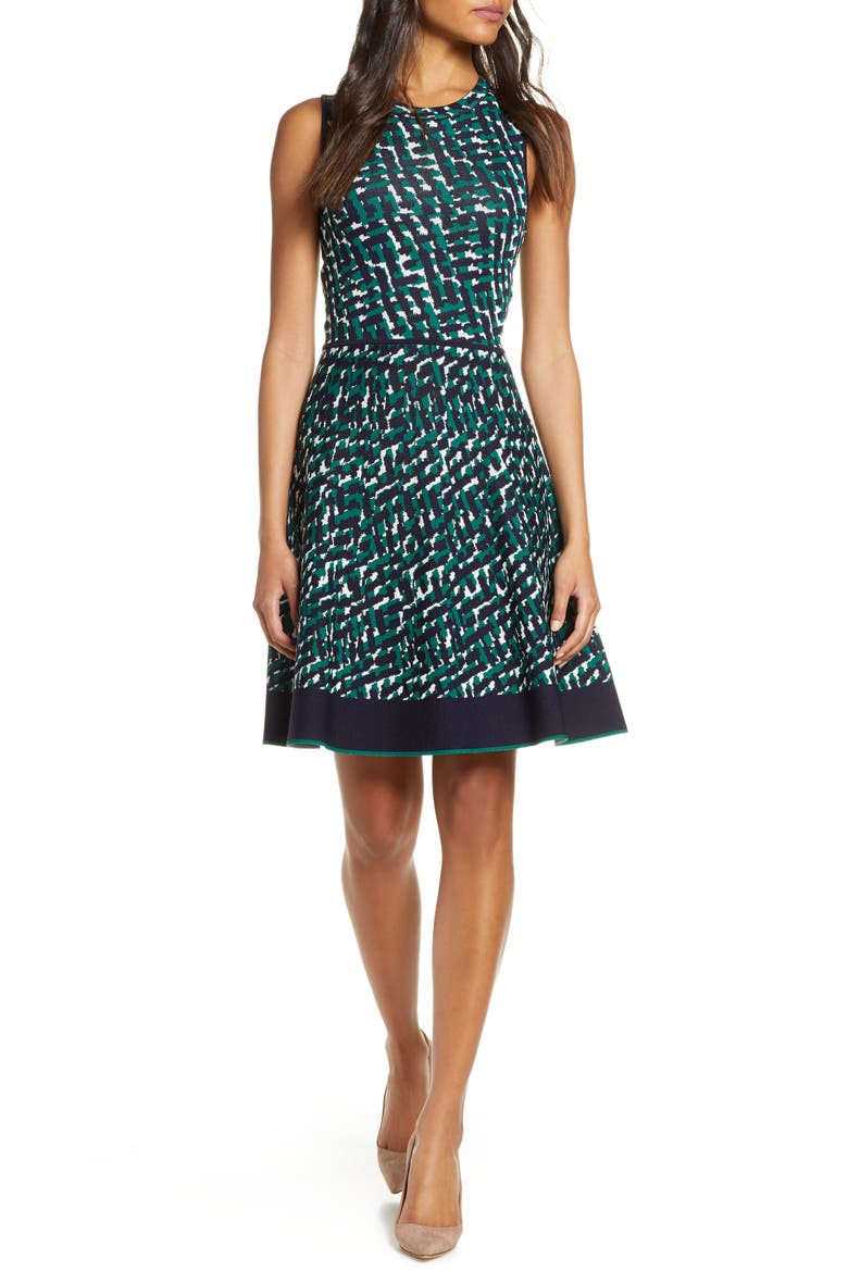 Print Sleeveless Fit & Flare Sweater Dress, Main, color, GREEN