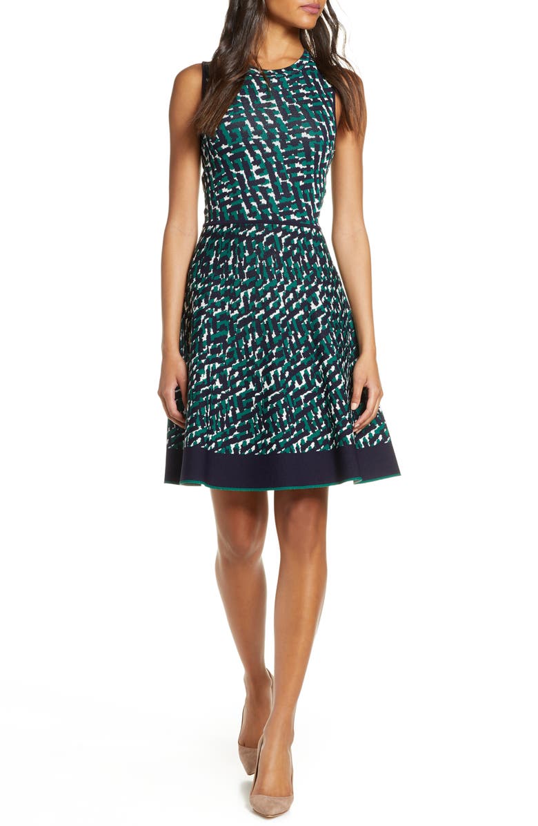 Eliza J Print Sleeveless Fit & Flare Sweater Dress, Main, color, 