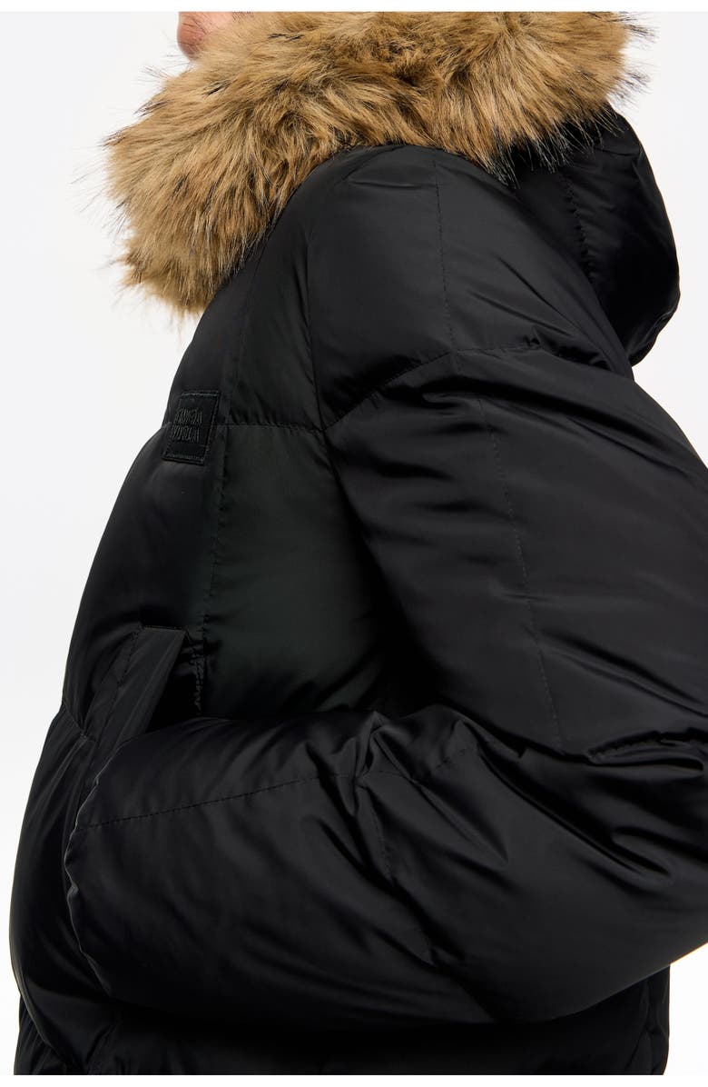 Bimba y Lola Tailored Down Coat With Fur Hood, Alternate, color, Black