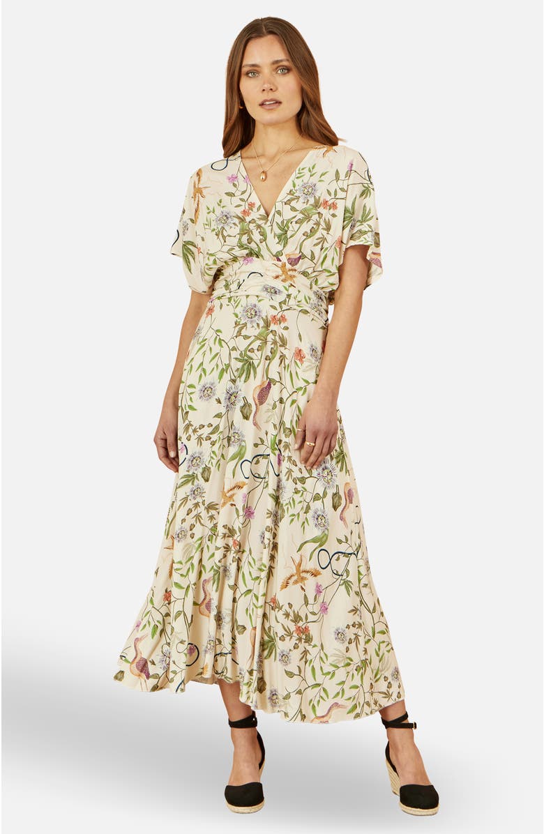 Yumi Floral Print Ruched Waist Midi Dress, Main, color, Beige