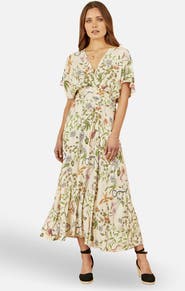 Yumi Floral Print Ruched Waist Midi Dress