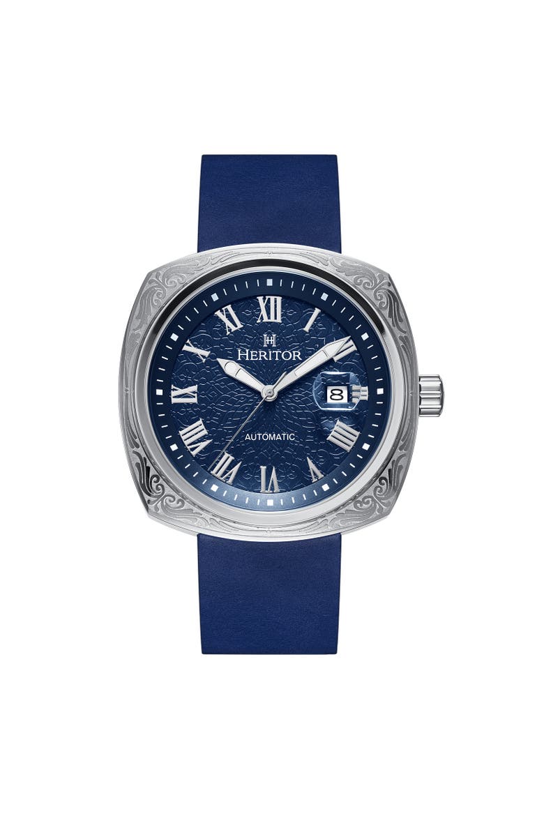 Davenport Engraved-Case Leather-Band Watch w/ Date, Main, color, Silver/Blue