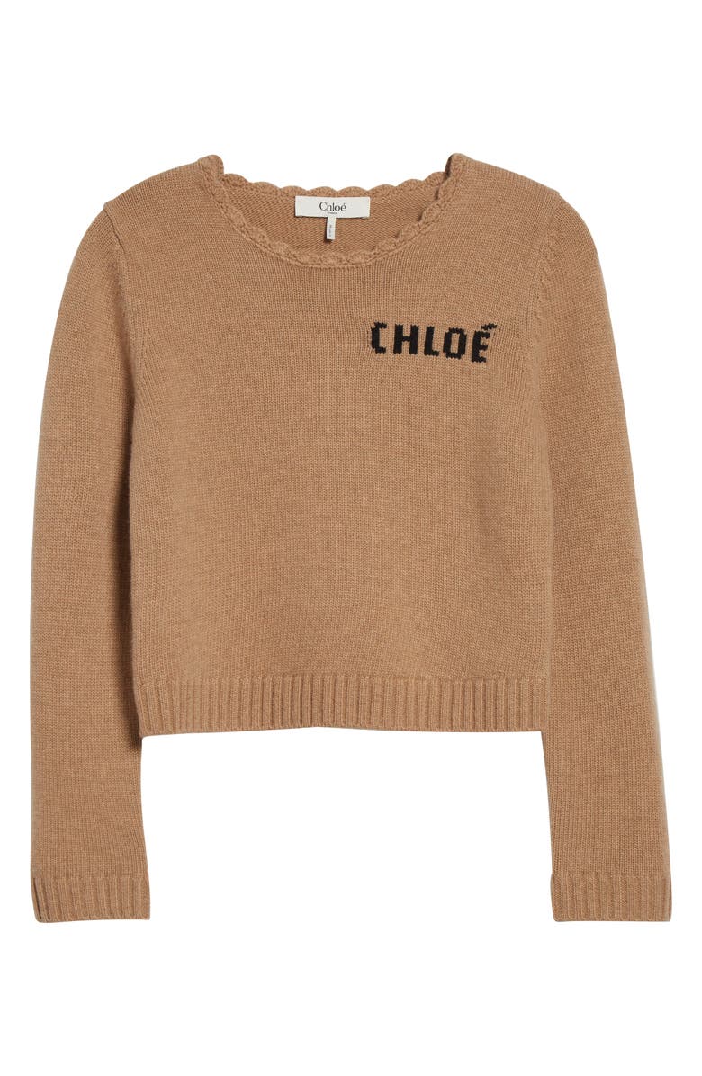 Chloé Scalloped Logo Crop Wool & Cashmere Sweater, Alternate, color, Bleached Brown