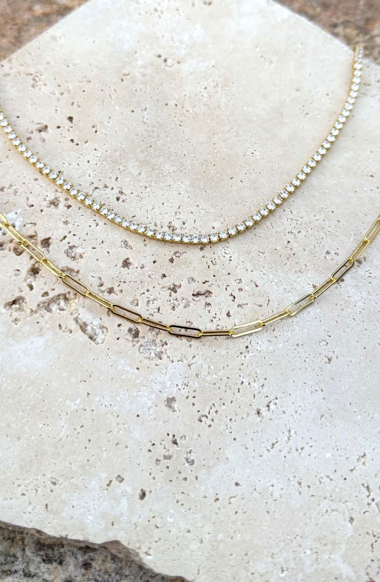 Adornia Layered Paper Clip Chain & Crystal Tennis Necklace, Alternate, color, Gold