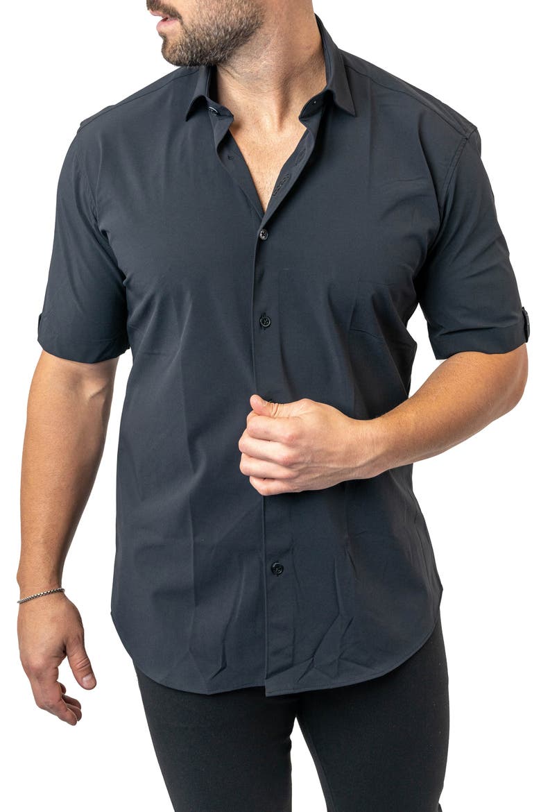 Galileo Stretchcore Short Sleeve Performance Button-Up Shirt, Alternate, color, BLACK