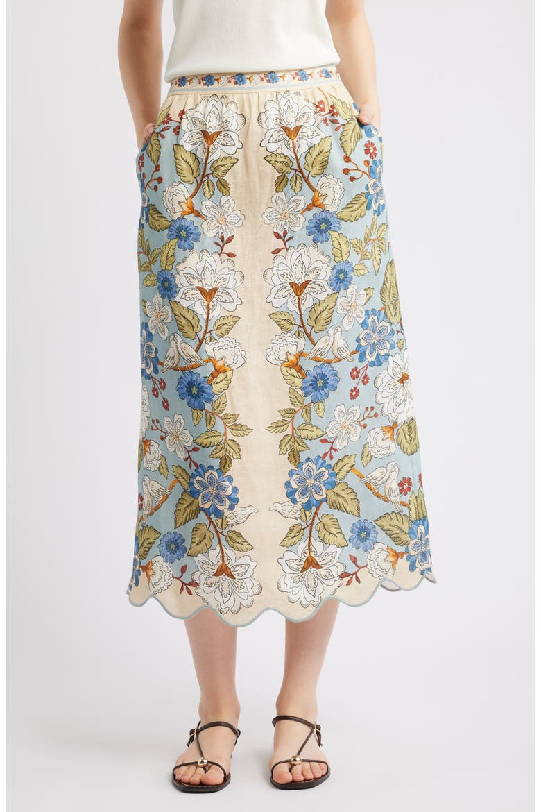 Garden Scarf Print Linen Midi Skirt, Main, color, GARDEN SCARF BLUE