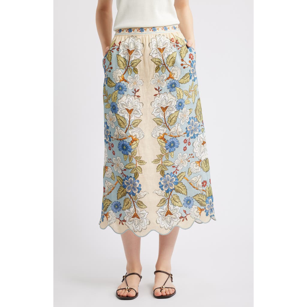 Farm Rio Garden Scarf Print Linen Midi Skirt In Green