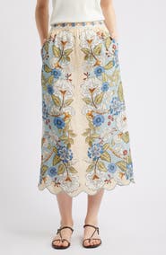 FARM Rio Garden Scarf Print Linen Midi Skirt