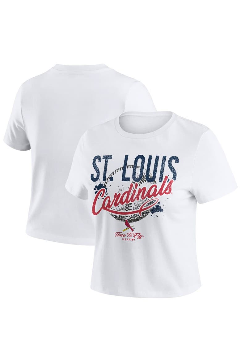 Women's WEAR by Erin Andrews  White St. Louis Cardinals Distressed Cropped Baby T-Shirt, Alternate, color, White