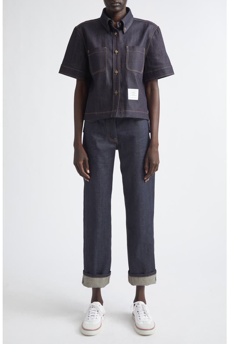 Short Sleeve Denim Button-Down Shirt, Alternate, color, NAVY