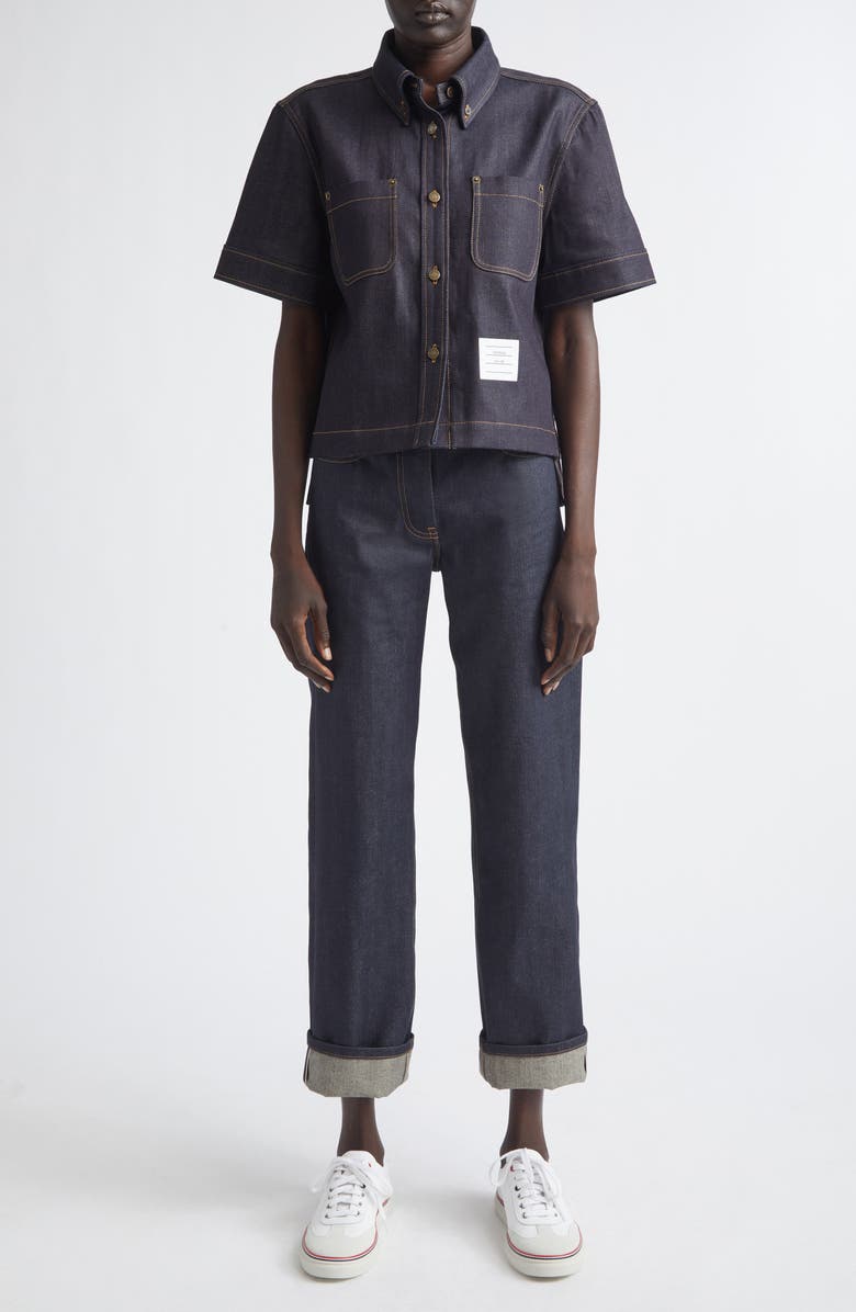 Thom Browne Short Sleeve Denim Button-Down Shirt, Alternate, color, Navy