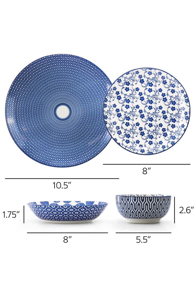 Aurora 16 Piece Porcelain Double Bowl Dinnerware Set, Alternate, color, Blue