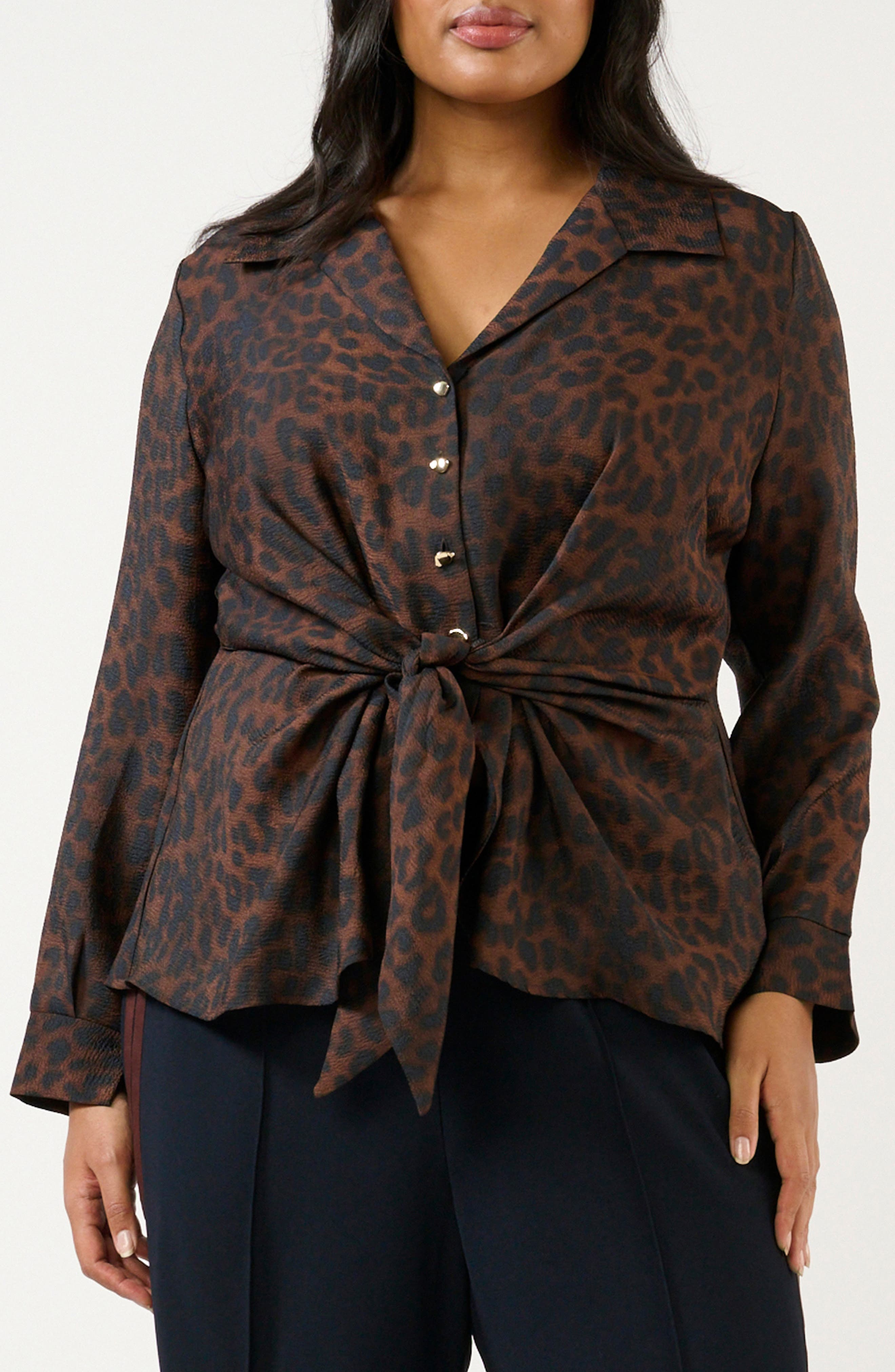 Leona Leopard Print Tie Front Button-Up Top