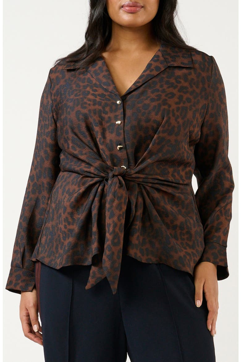 Leona Leopard Print Tie Front Button-Up Top, Main, color, CHOCOLATE/ NAVY