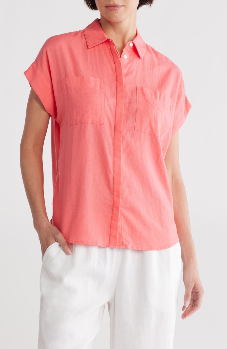 Caslon<sup>®</sup> Double Pocket Linen Blend Camp Shirt, Main, color, Coral Sugar