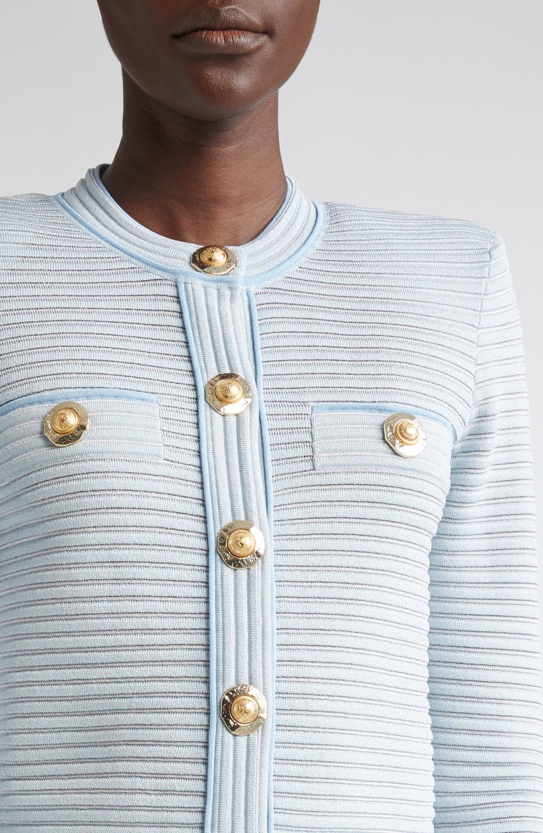 Balmain Long Sleeve Horizontal Rib Cardigan, Alternate, color, Blue/ White