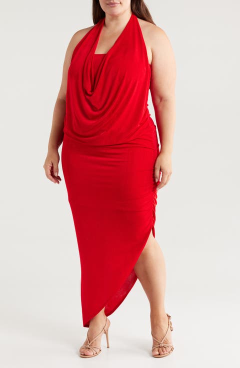 Cowl Neck Asymmetric Hem Stretch Dress (Plus)