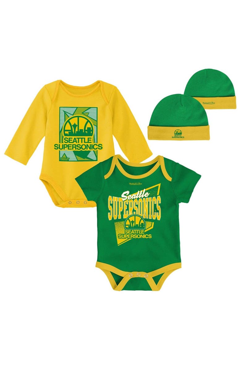 Mitchell & Ness Infant Mitchell & Ness Green/Gold Seattle SuperSonics Hardwood Classics Bodysuits & Cuffed Knit Hat Set, Main, color,