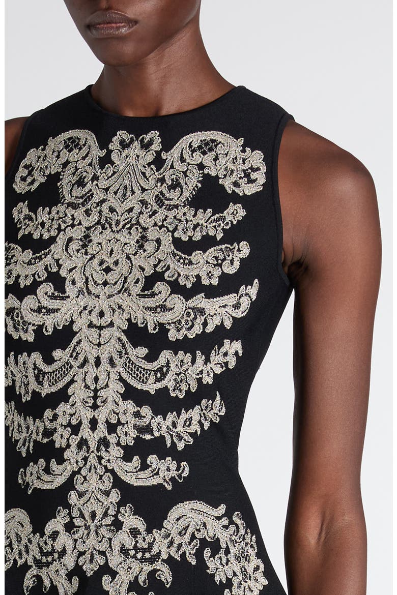 Metallic Lace Rib Cage Jacquard Fit & Flare Minidress, Alternate, color, BLACK