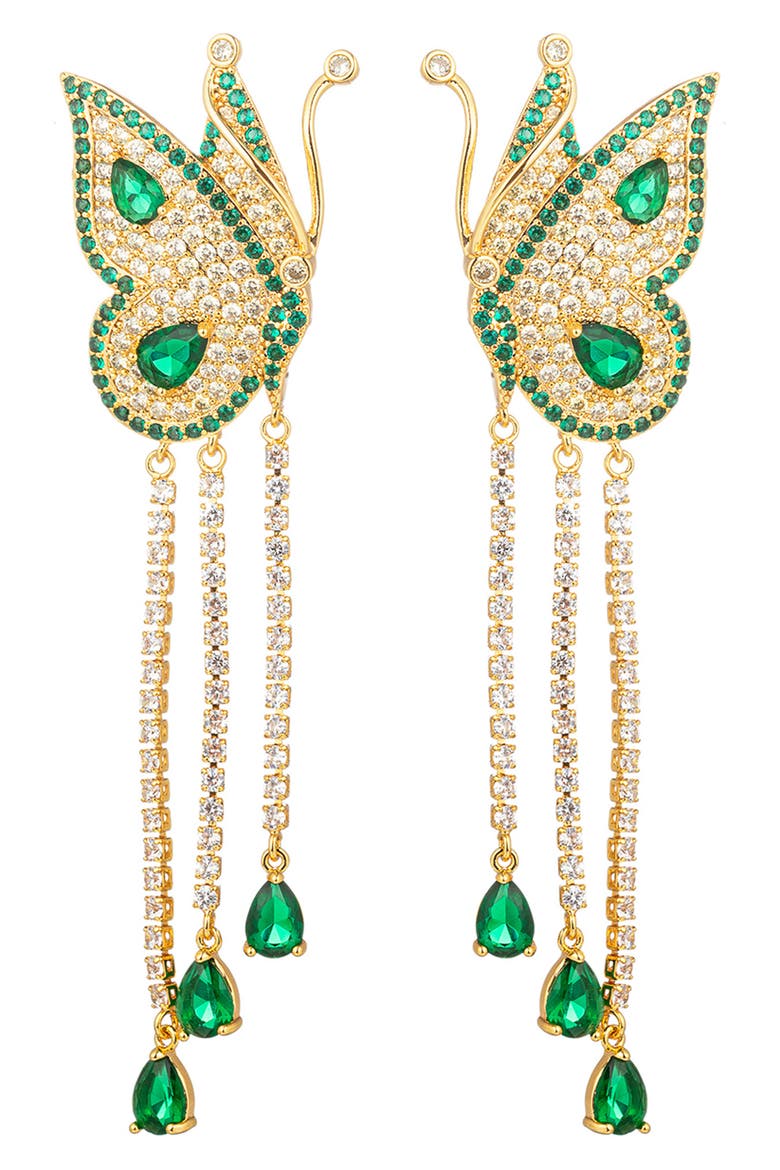 Green Cubic Zirconia Butterfly Drop Earrings, Main, color, GREEN